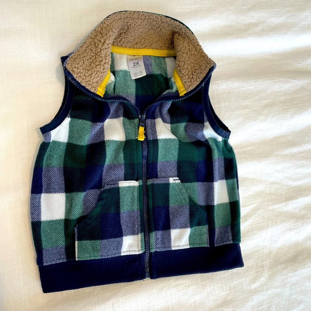 Carter's Fleece Vest W/Sherpa Collar Blue‎ & Green Plaid Full Zip 24 Months